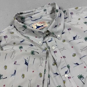 Huk Fishing Mens 3XL Short Sleeve Button Down Shirt Gray Tropical Marlin Beer US